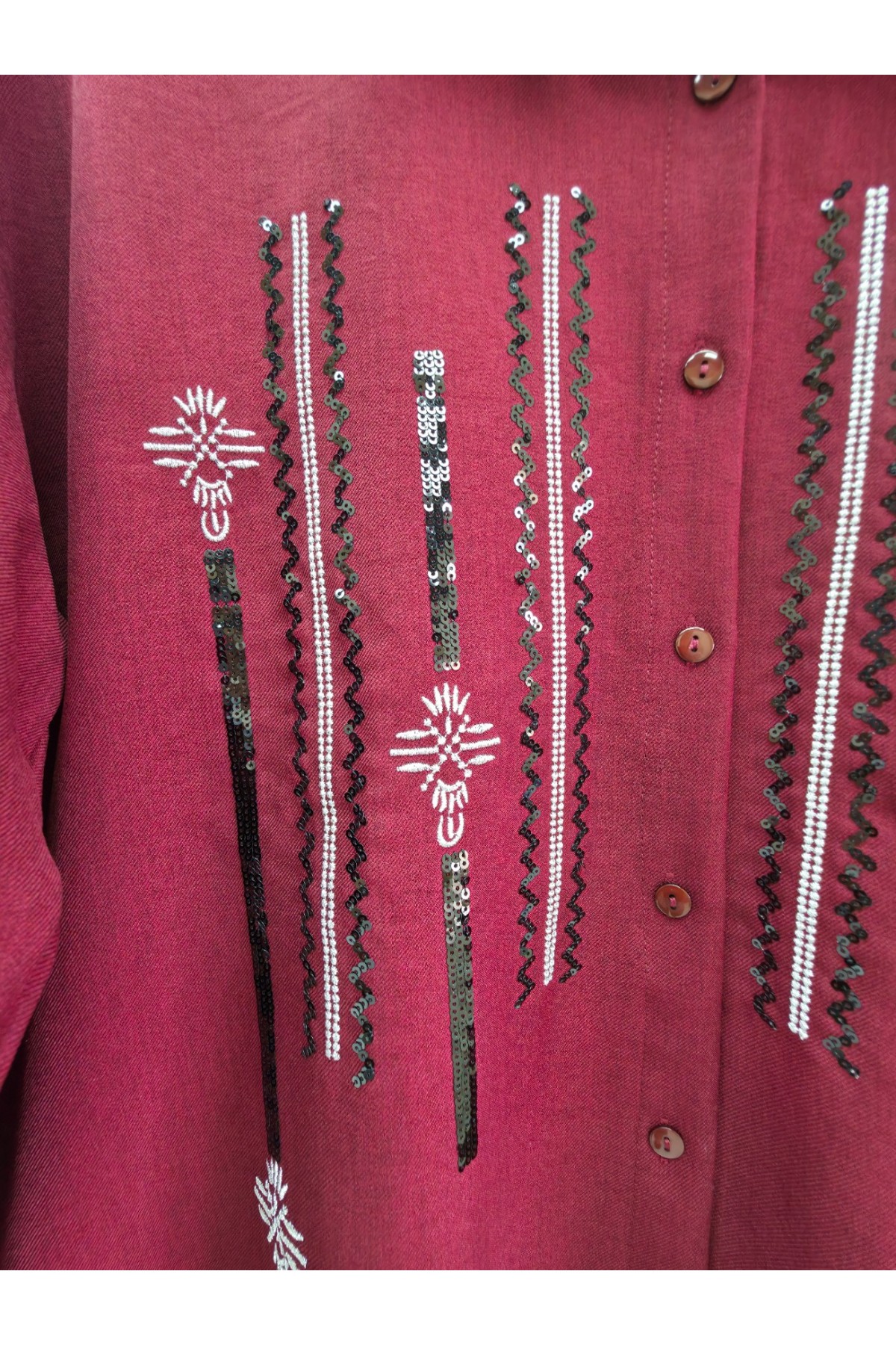 Önü Düğmeli Pul Payetli Pantolonlu Sofya Keten Takım  -Bordo