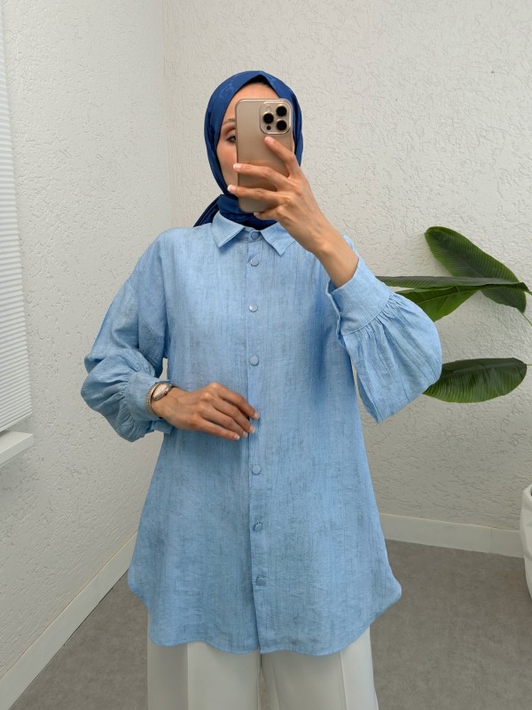 Yırtmaçlı Eteği Oval Kesim Gömlek -Bebe Mavi