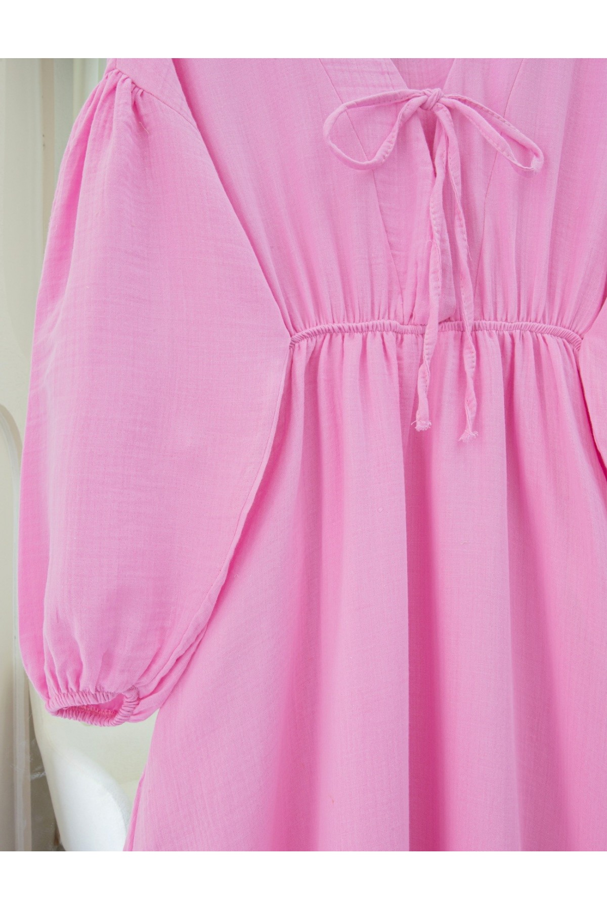Yakası Bağlamalı Kolu Ve Beli Lastikli Müslin Elbise -Pembe