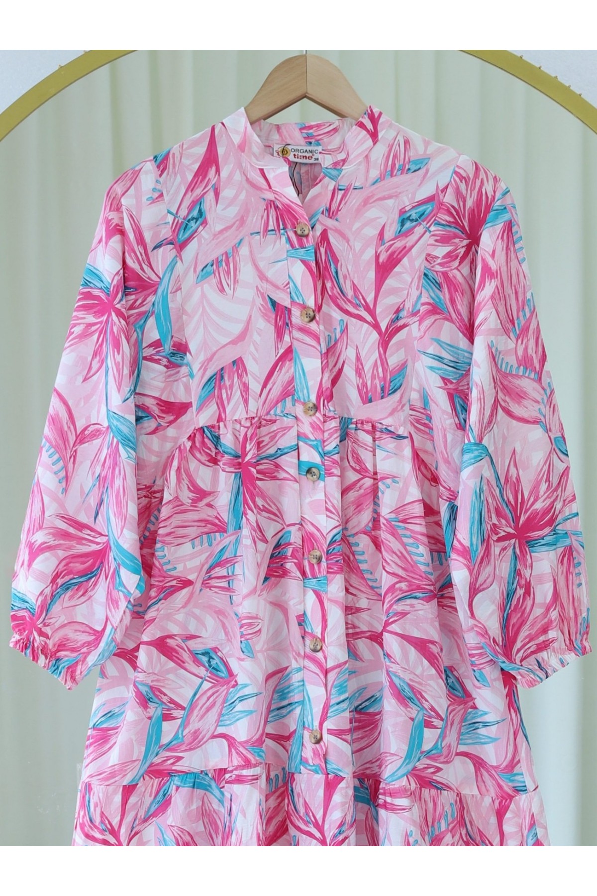 Çiçek Desenli Parçalı Kolu Lastikli Yarım Düğmeli Elbise -Mürdüm