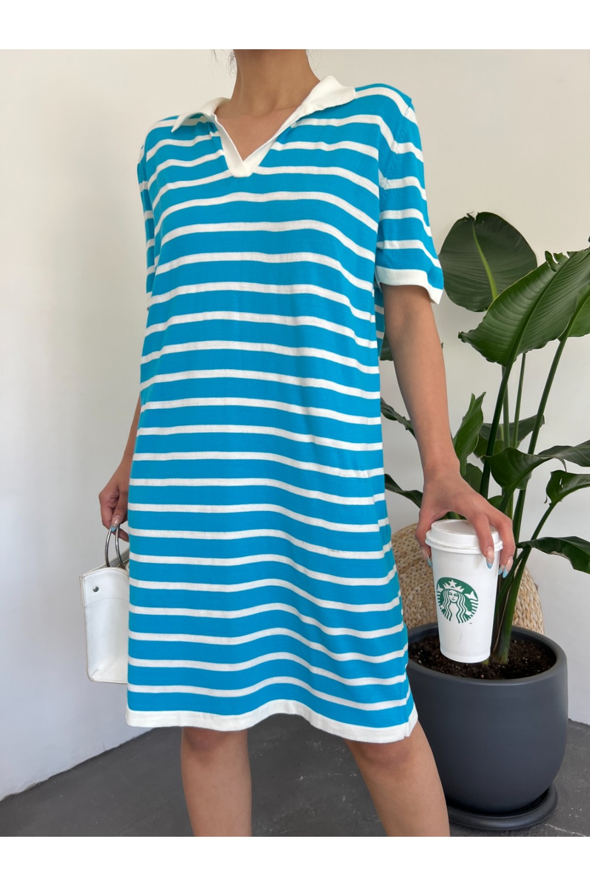 Polo Yaka Çizgili Triko Mini Elbise -Mavi