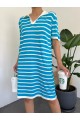 Polo Yaka Çizgili Triko Mini Elbise -Mavi