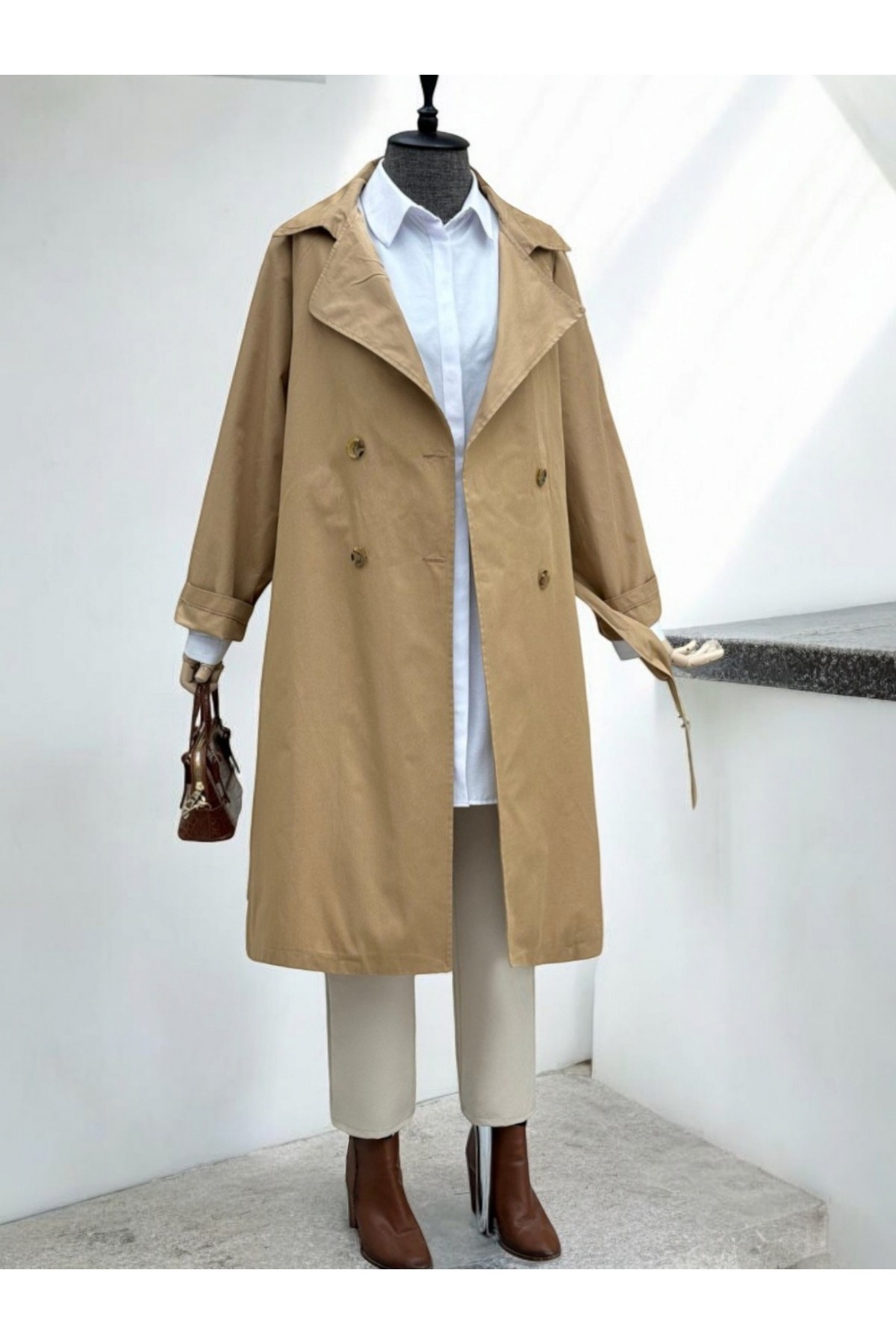 Bolero Detaylı Kemerli Araboy Trençkot -Vizon