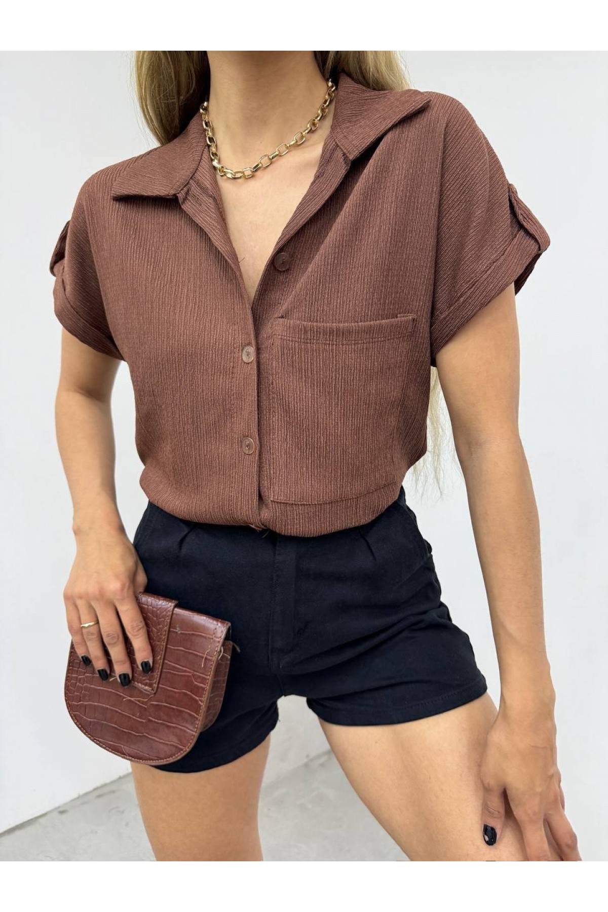 Duble Kol Tek Cepli Bürümcük Gömlek  -K. Kahve