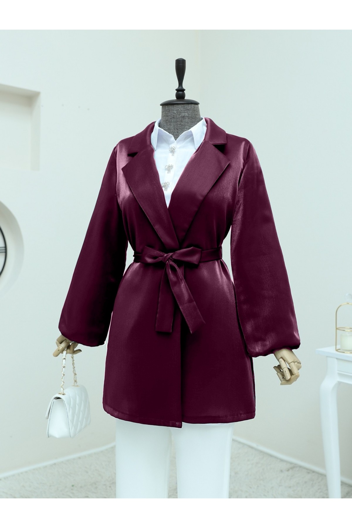 Kolları Volanlı Bağcıklı Saten Ceket  -Bordo