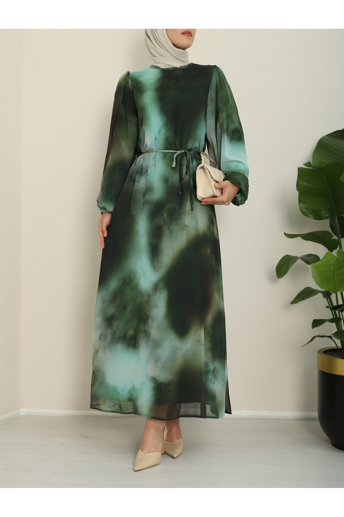 Batik Baskılı Astarlı Şifon Elbise  -Zümrüt