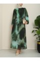 Batik Baskılı Astarlı Şifon Elbise  -Zümrüt