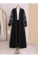 Kolları İnci Taş Detaylı Tesettür Abaya -Siyah
