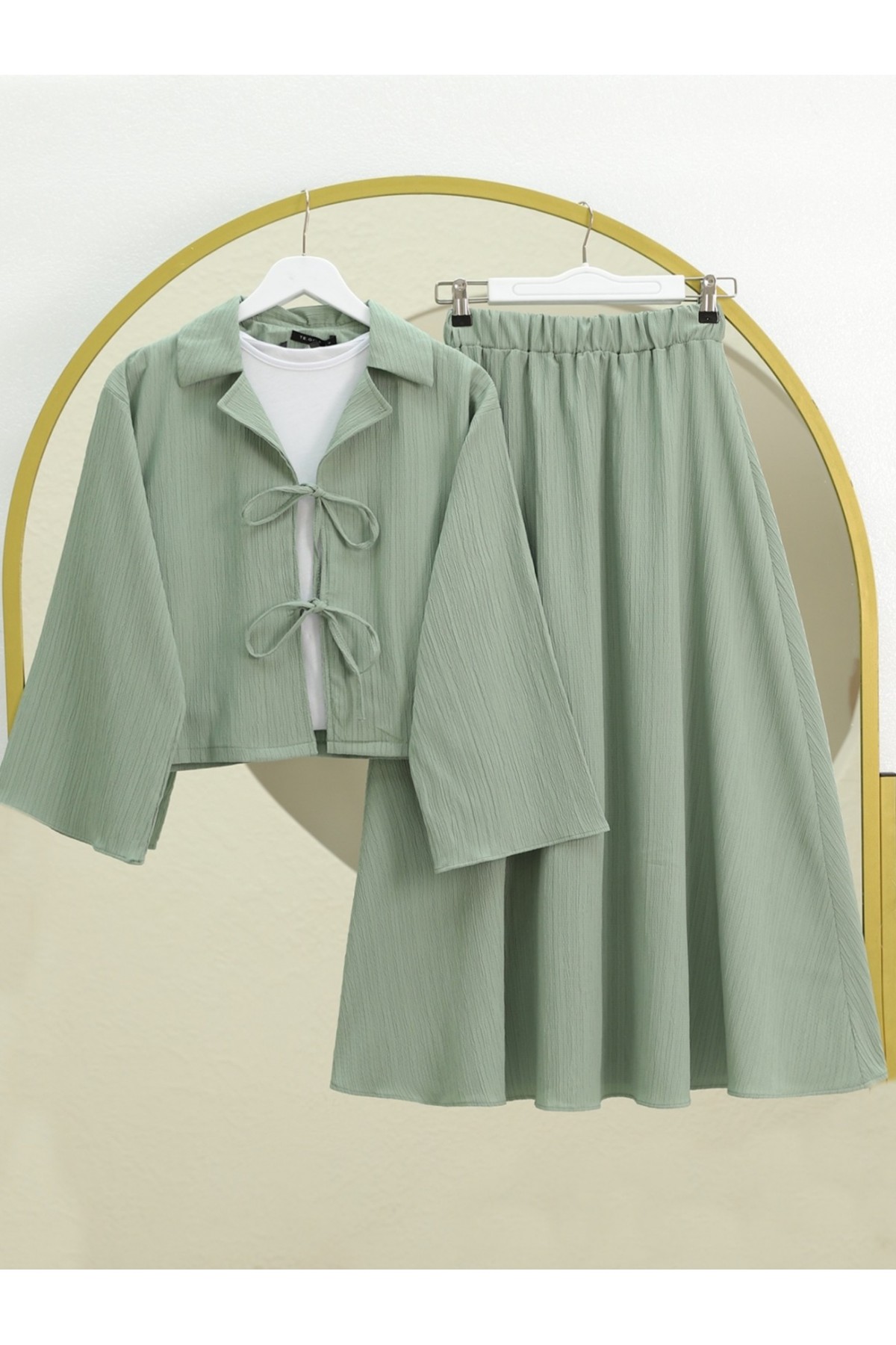 Önü Bağlamalı Etekli Krinkıl Takım  -Su Yeşili