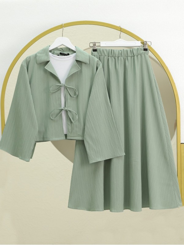 Önü Bağlamalı Etekli Krinkıl Takım  -Su Yeşili