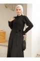 Çıma Detaylı Kemerli Ayrobin Elbise  -Siyah