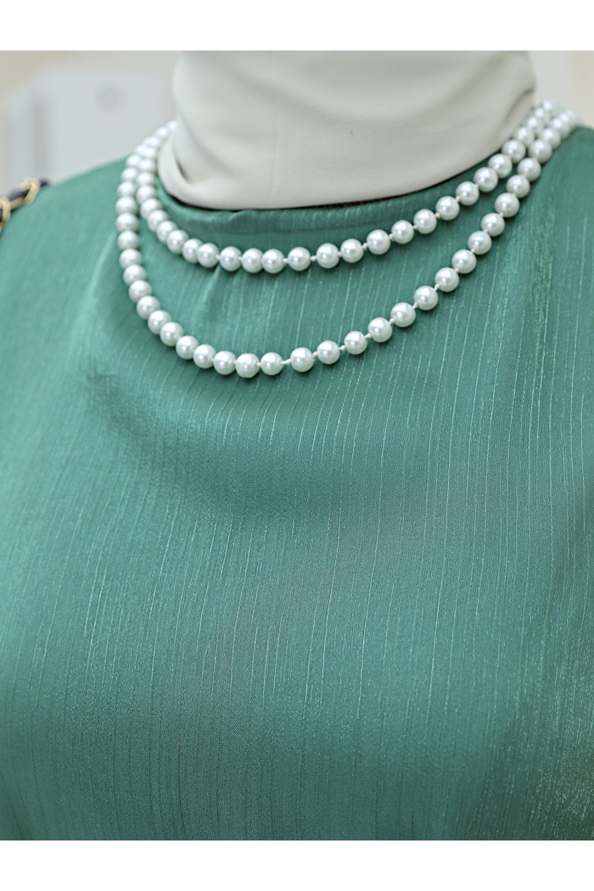 Kolu Bağcıklı Eteği Parçalı Janjan Elbise    -Yeşil