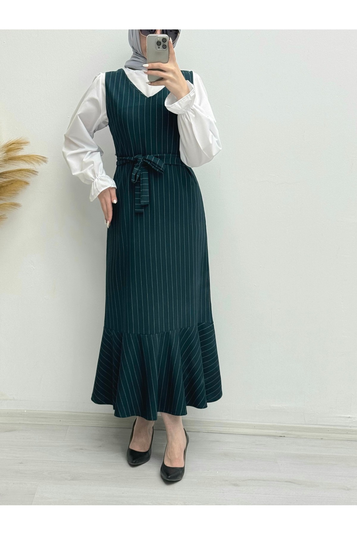 Çizgili Beli Kuşaklı Gömlek Jile Takım -Zümrüt