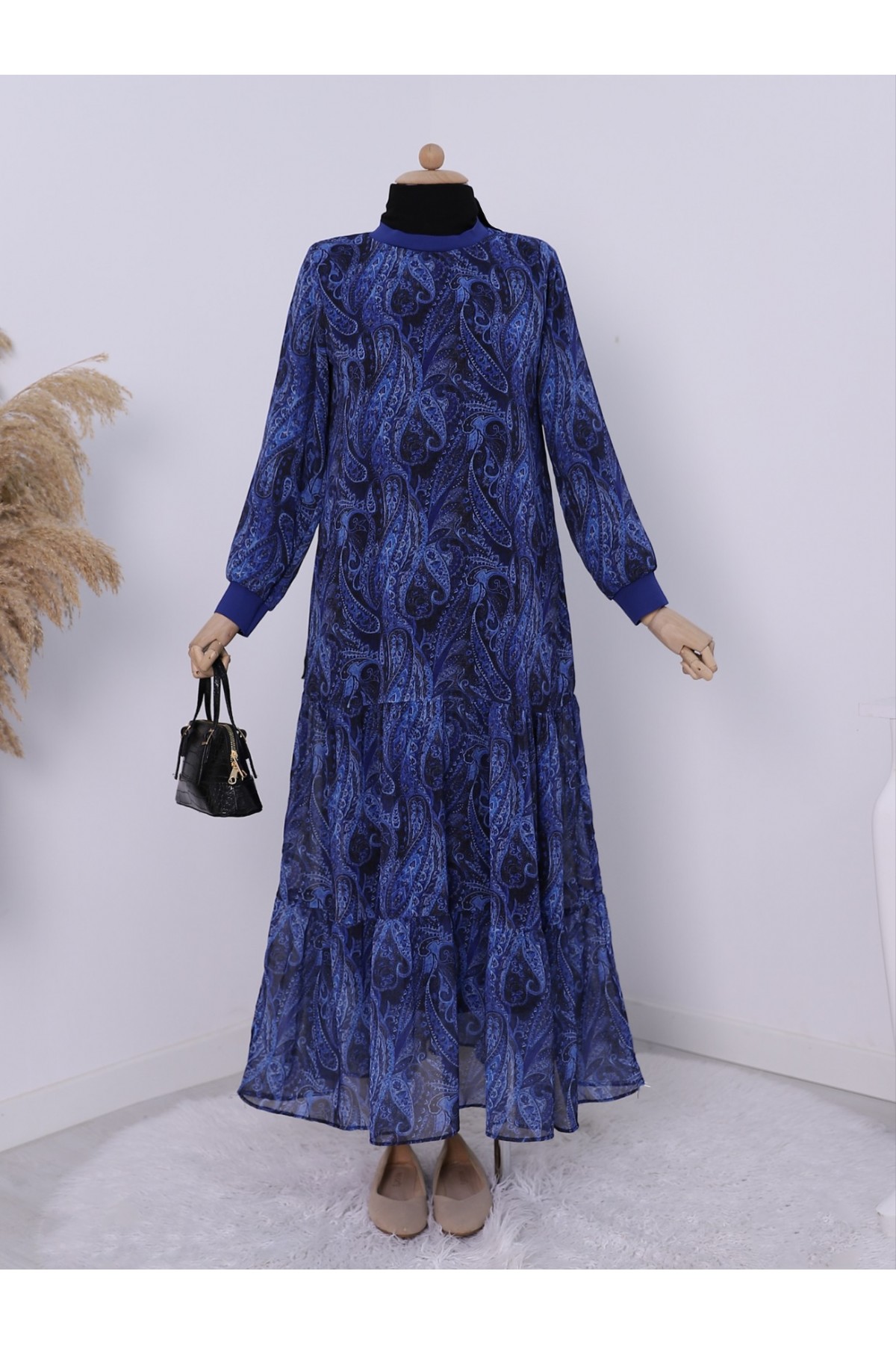 Etnik Desen Eteği Parçalı Astarlı Şifon Elbise -Laci