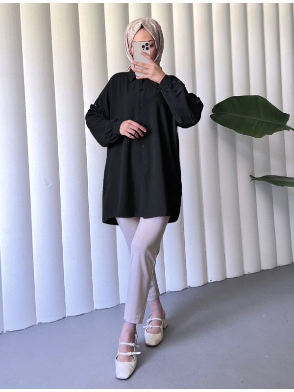 Kolları Taşlı Fırfırlı Salaş Ayrobin Tunik  -Siyah