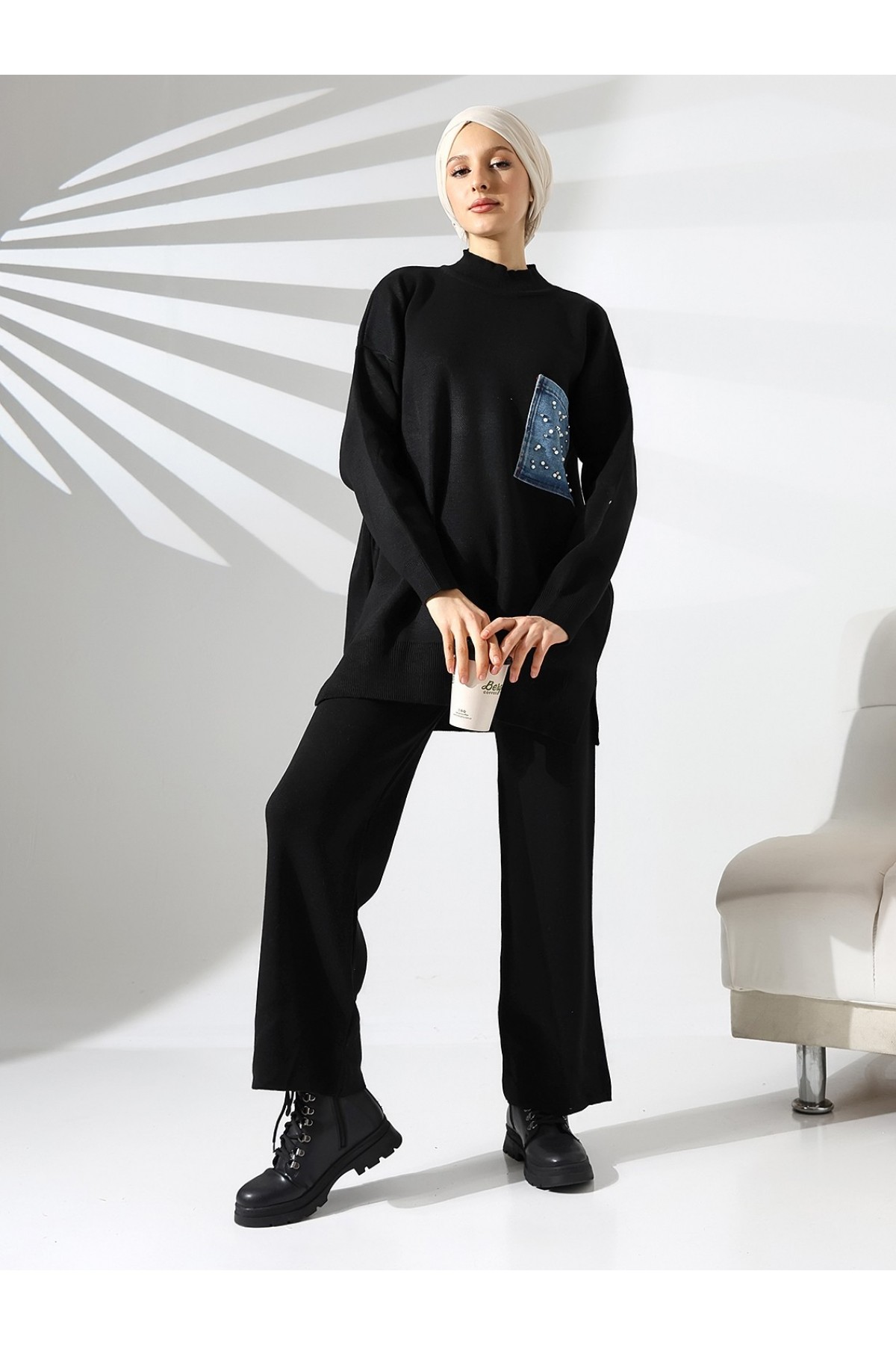 Tek Cepli İncili Triko Takım -Siyah