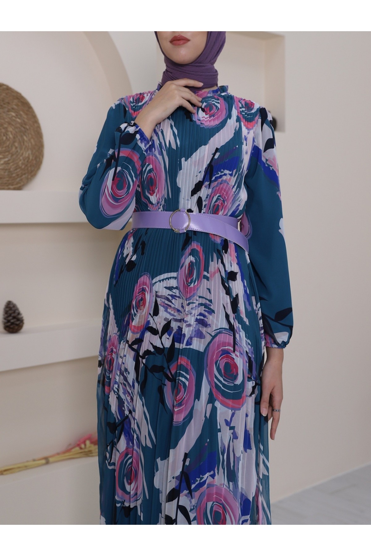 Önü Pileli Kemerli Şifon Elbise -Petrol