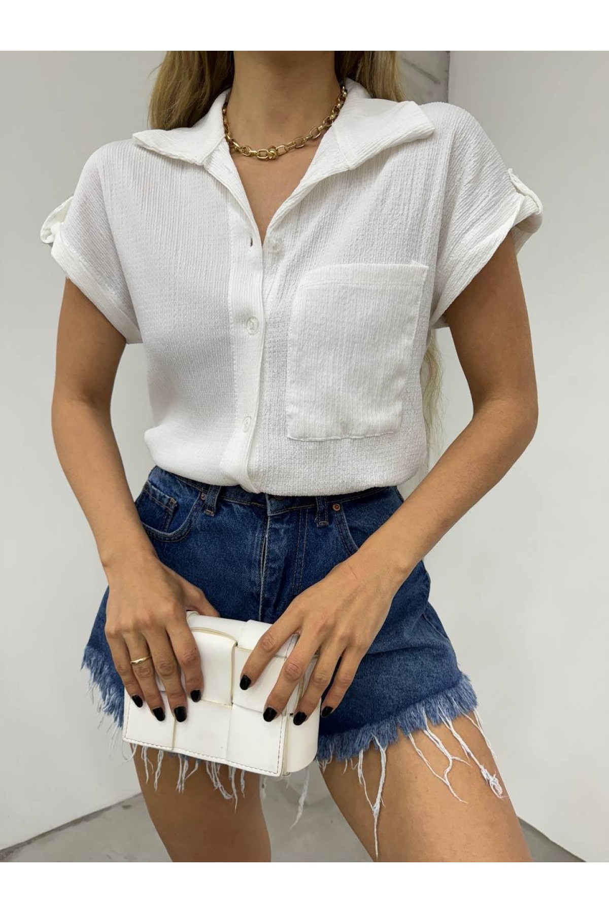 Duble Kol Tek Cepli Bürümcük Gömlek  -Beyaz