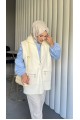 Önü Fermuarlı Torba Cepli Sakallı Yelek -Beyaz