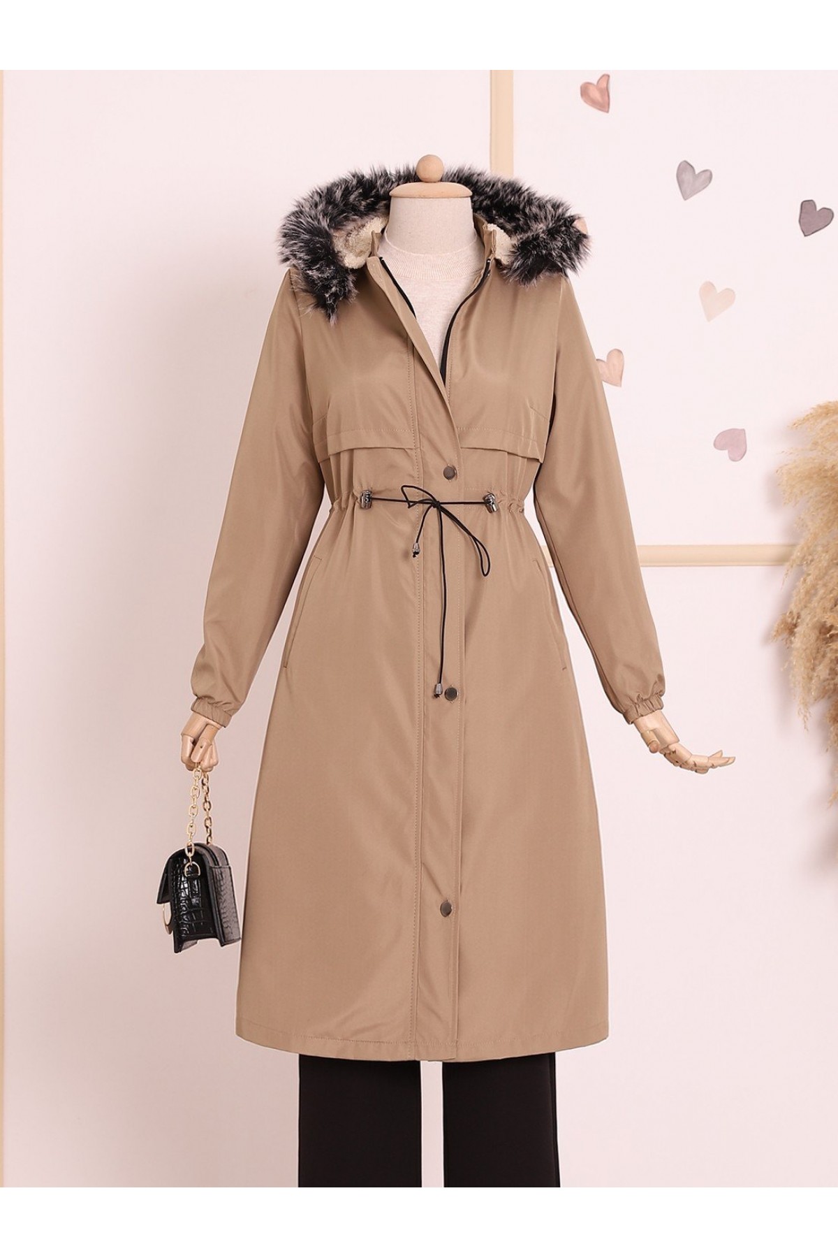 Çıkma Kapşonlu Tünel Bağcıklı Bondit Kaban -Açık Vizon