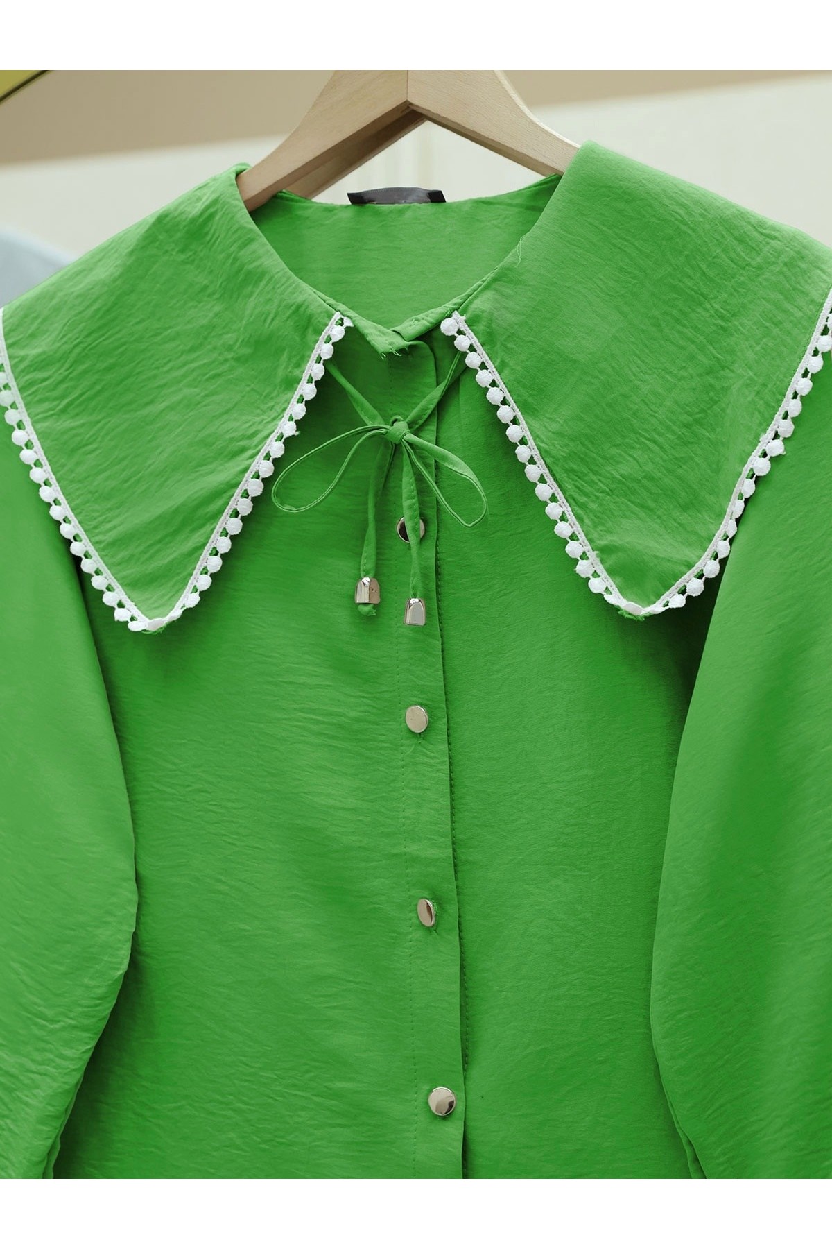 Bebe Yaka Dantelli Kolu Lastikli Gömlek  -Yeşil