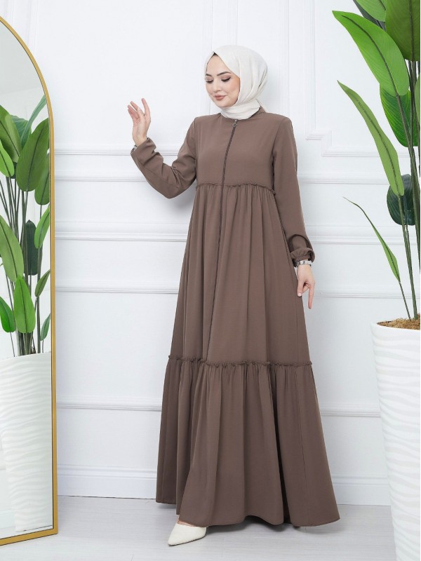 Parçalı Kolu Lastikli Boydan Fermuarlı Ferace -Toprak