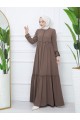 Parçalı Kolu Lastikli Boydan Fermuarlı Ferace -Toprak
