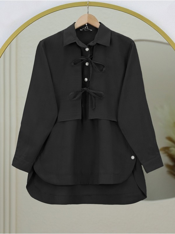 Yelek Detaylı Düğmeli Arkası Uzun Bağcıklı Gömlek -Siyah