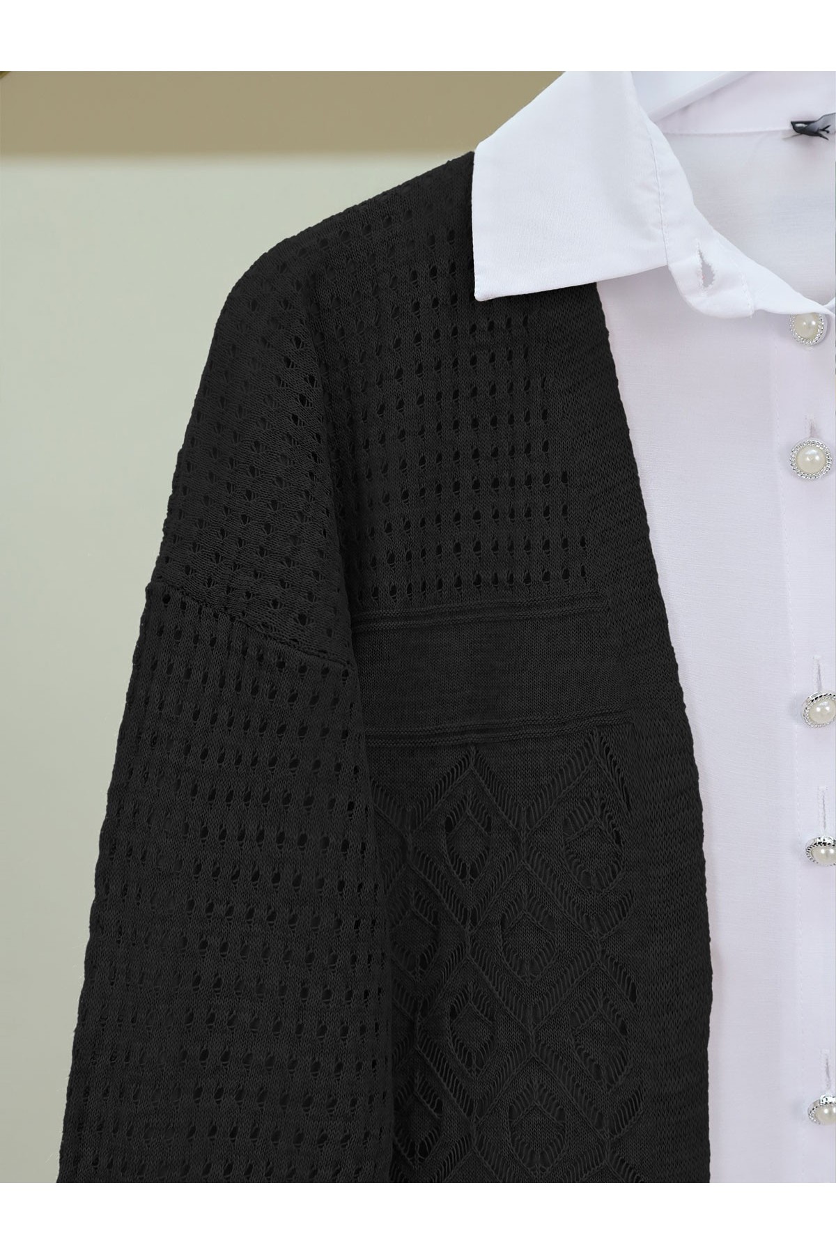 Ajurlu Mevsimlik Triko Hırka  -Siyah