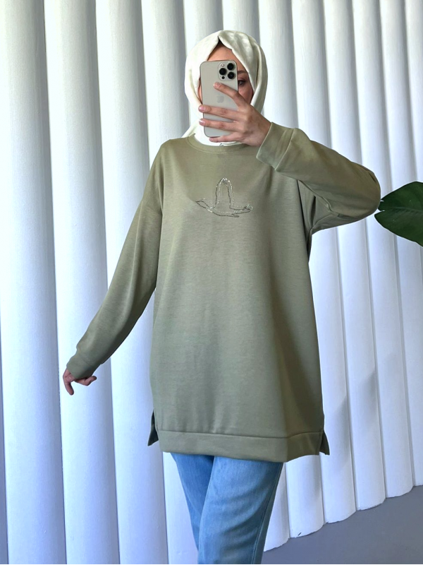Kuş Desenli Taşlı Oysho Tunik  -Haki