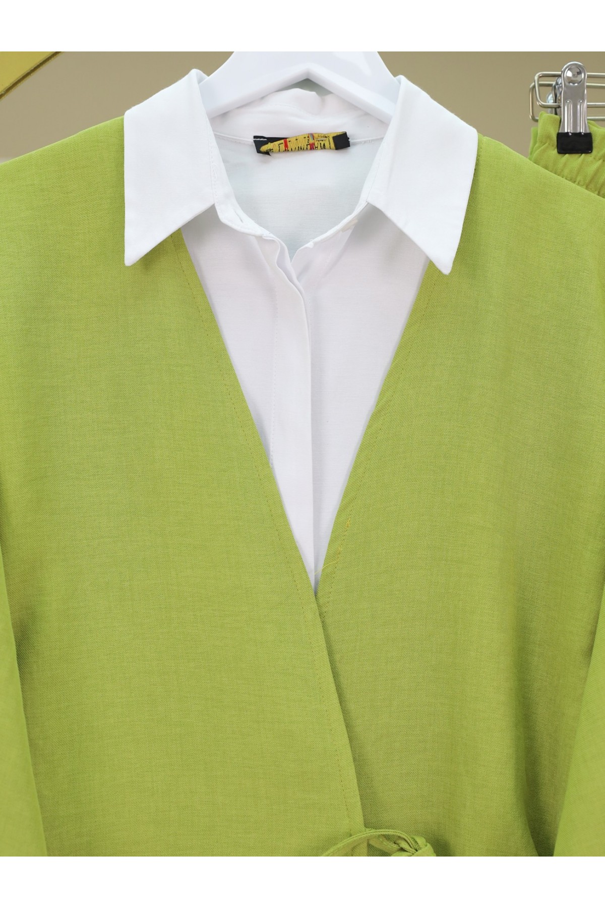 Önden Bağlamalı Pantolonlu Kimono Takım -Yağ Yeşili