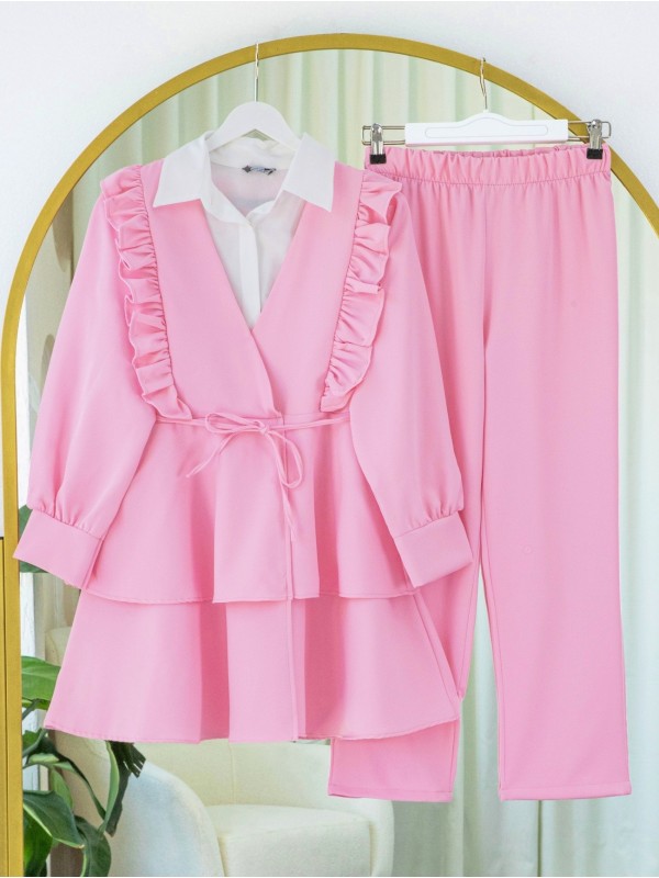 Önü Fırfırlı Bağcıklı Eteği Katlı Pantolonlu Kimono Takım    -Pembe
