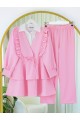 Önü Fırfırlı Bağcıklı Eteği Katlı Pantolonlu Kimono Takım    -Pembe