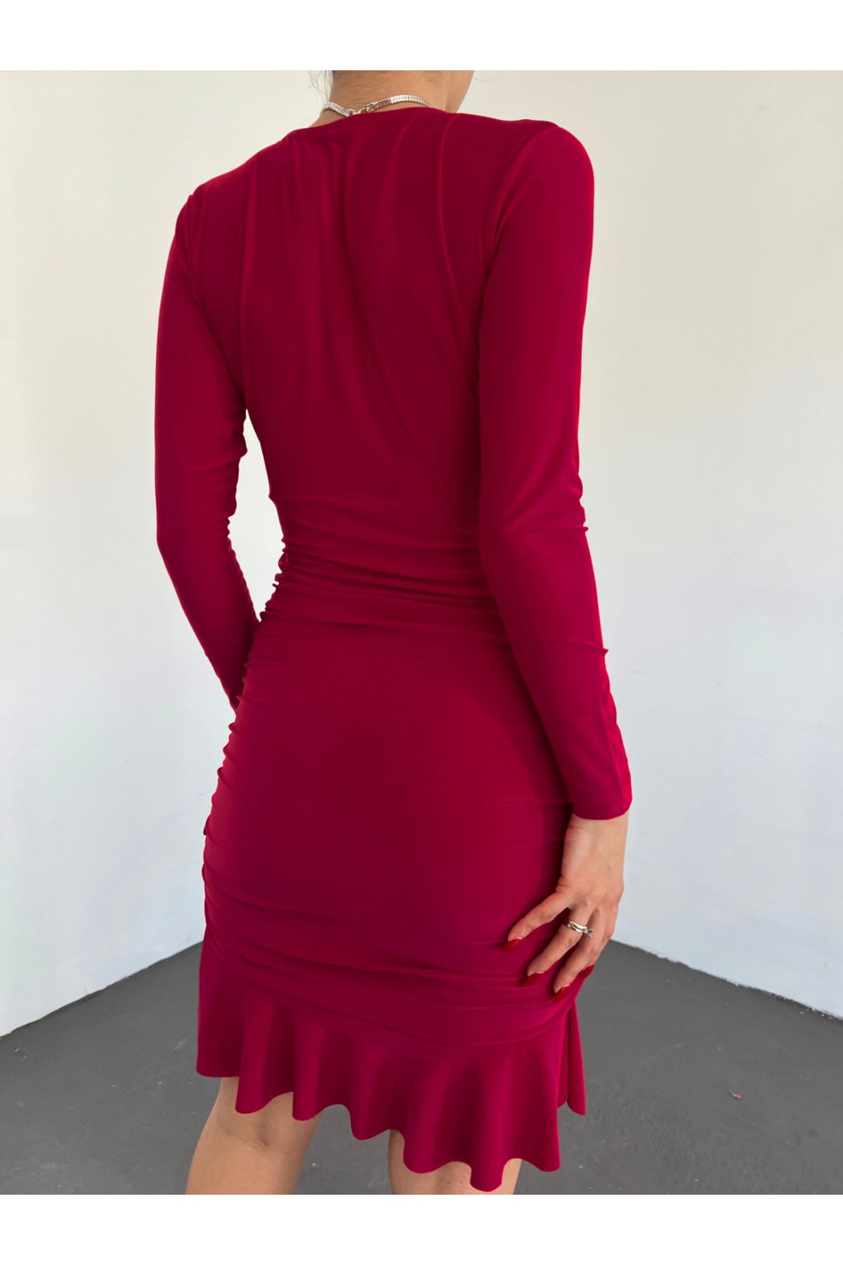 Yanları Lastikli Eteği Volanlı Sandy Mini Elbise -Kırmızı