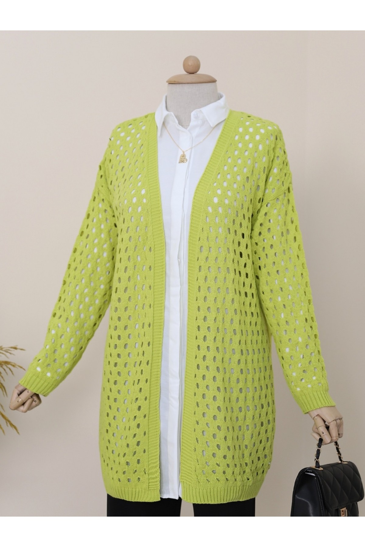 Fileli Baharlık Araboy Triko Hırka -Yağ Yeşili