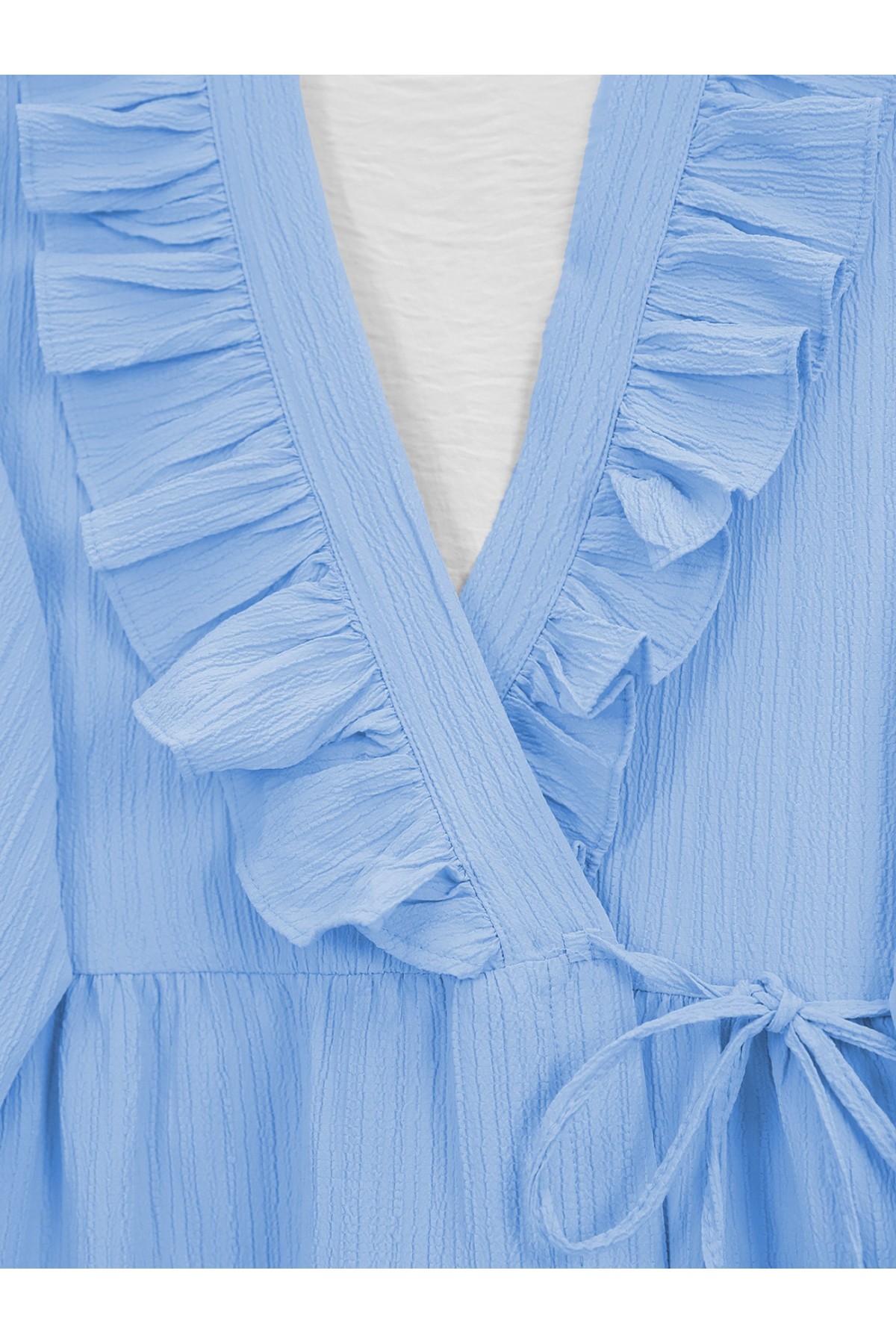 Önü Fırfırlı Bağlamalı Krinkıl Kimono   -Bebe Mavi