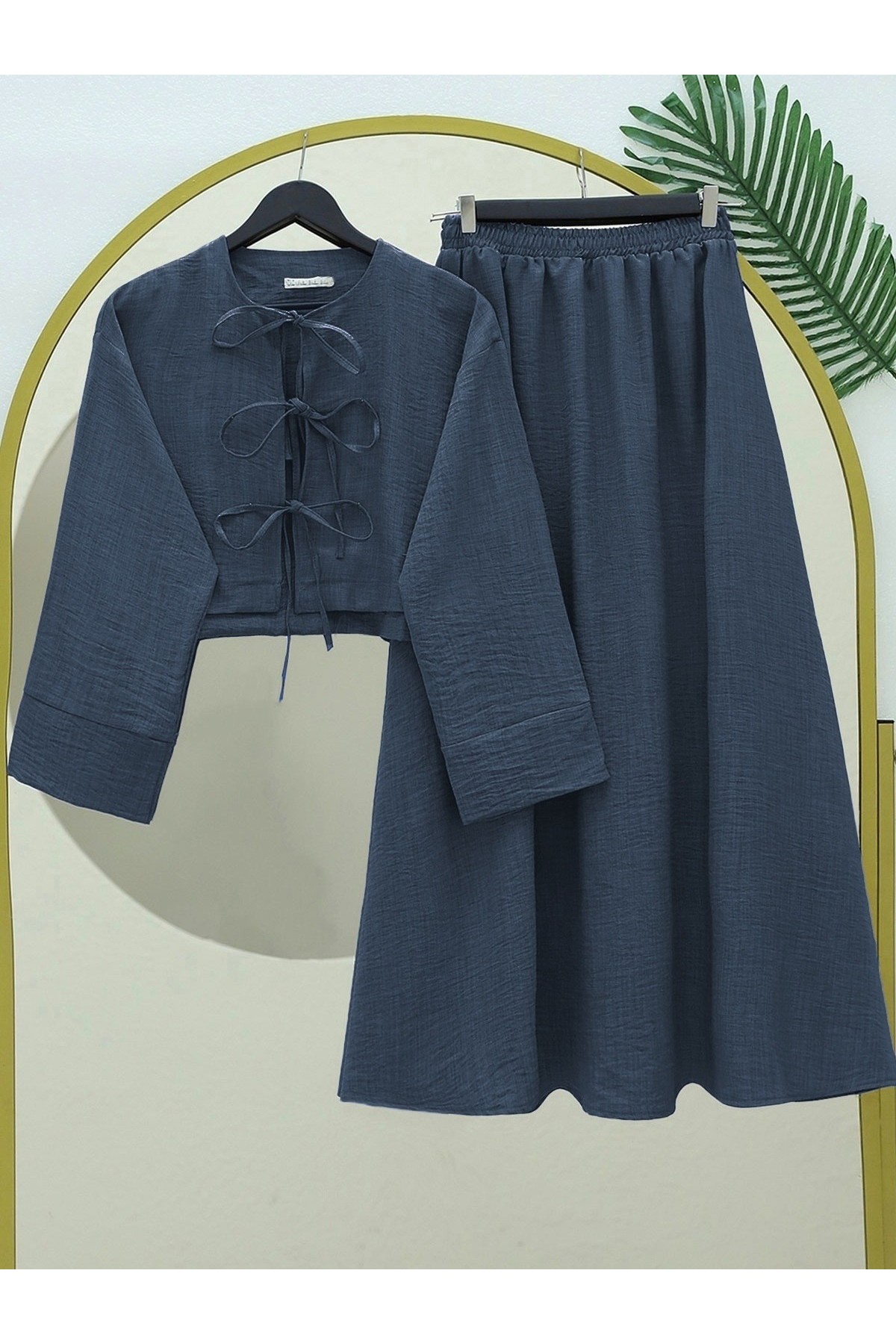 Önü Bağcıklı Beli Lastikli Etekli Keten Takım -İndigo