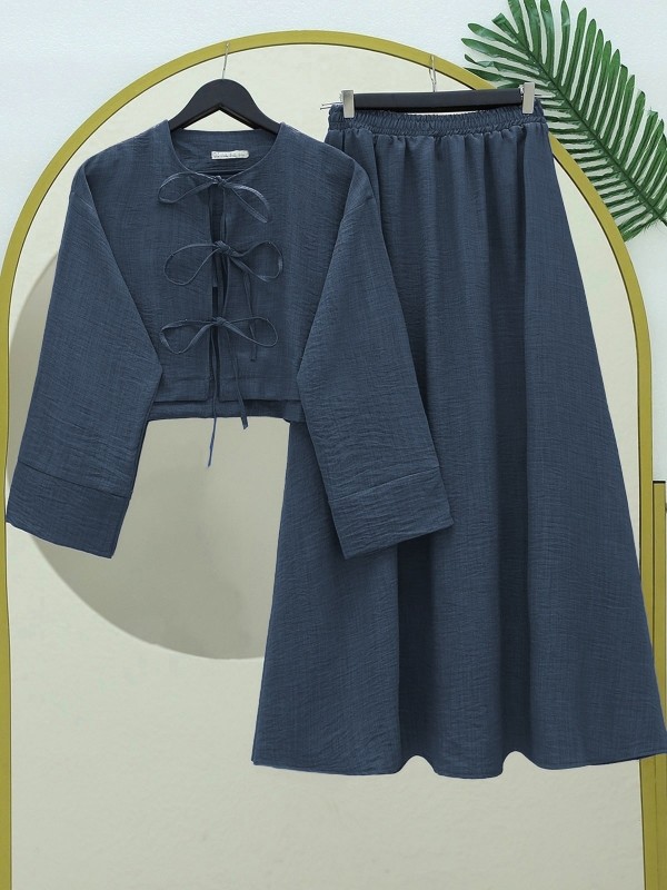 Önü Bağcıklı Beli Lastikli Etekli Keten Takım -İndigo