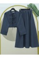 Önü Bağcıklı Beli Lastikli Etekli Keten Takım -İndigo