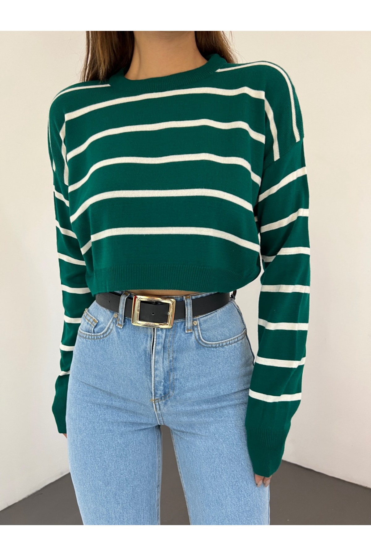 İnce Çizgili Crop Triko Kazak -Zümrüt