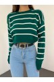 İnce Çizgili Crop Triko Kazak -Zümrüt