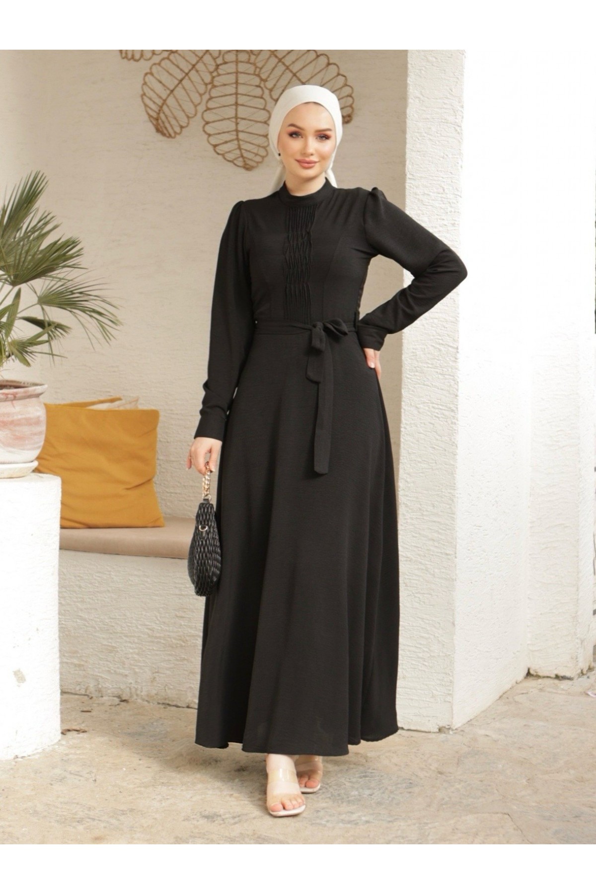 Çıma Detaylı Kemerli Ayrobin Elbise  -Siyah