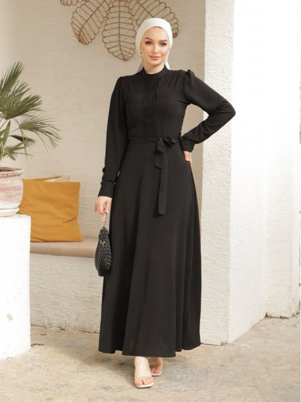 Çıma Detaylı Kemerli Ayrobin Elbise  -Siyah