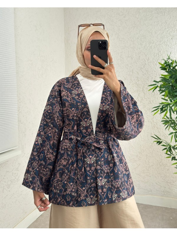 Dijital Baskılı Beli Kemerli Kapitone Kimono -Laci