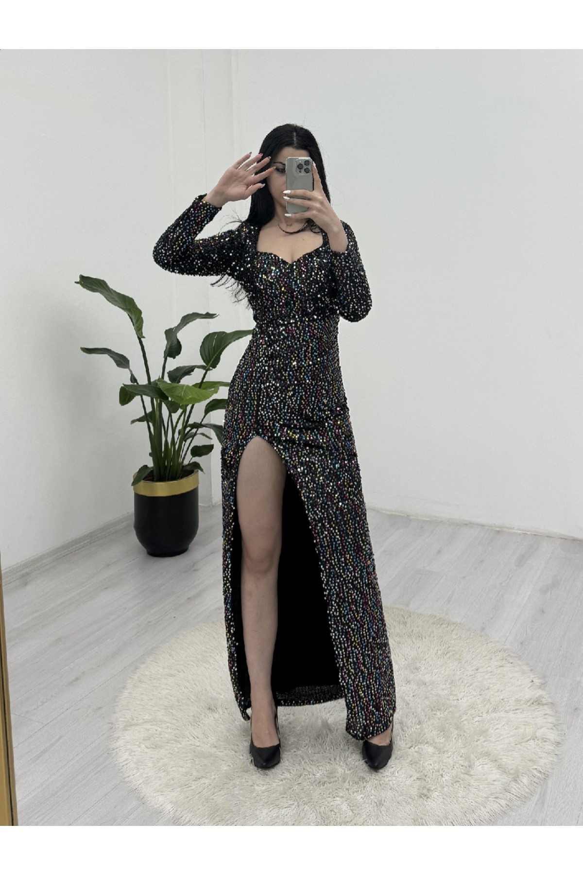 Yırtmaçlı PulPayet Uzun Elbise   -Genel