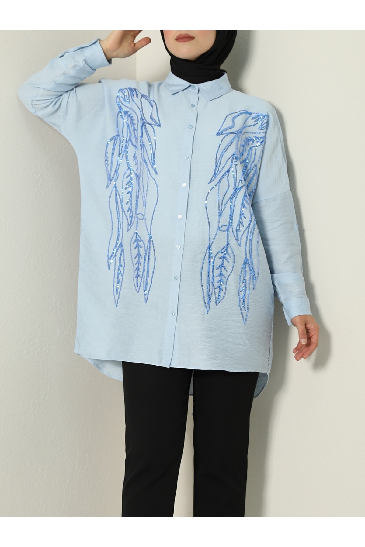 Yaprak Desen Pul Payet Gömlek -Bebe Mavi