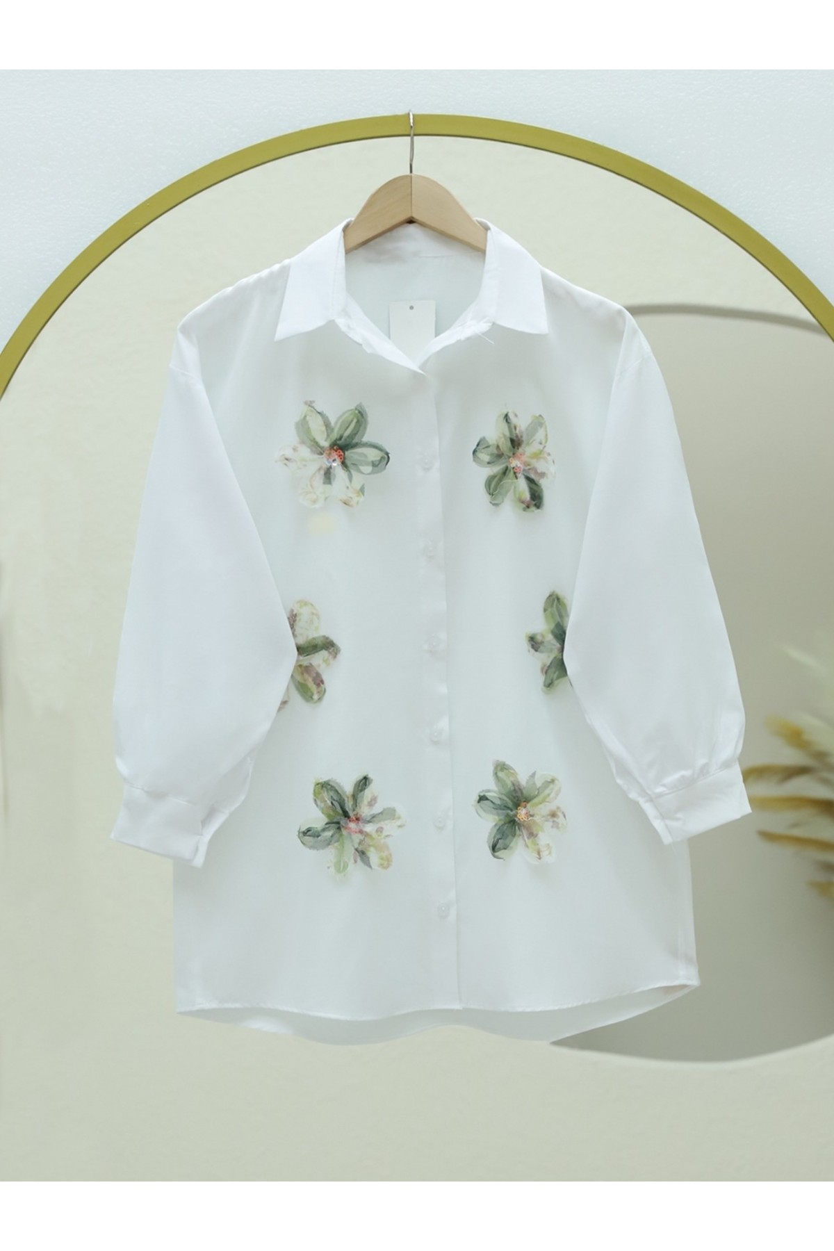 Pullu Çiçek Detaylı Düğmeli Gömlek -Haki