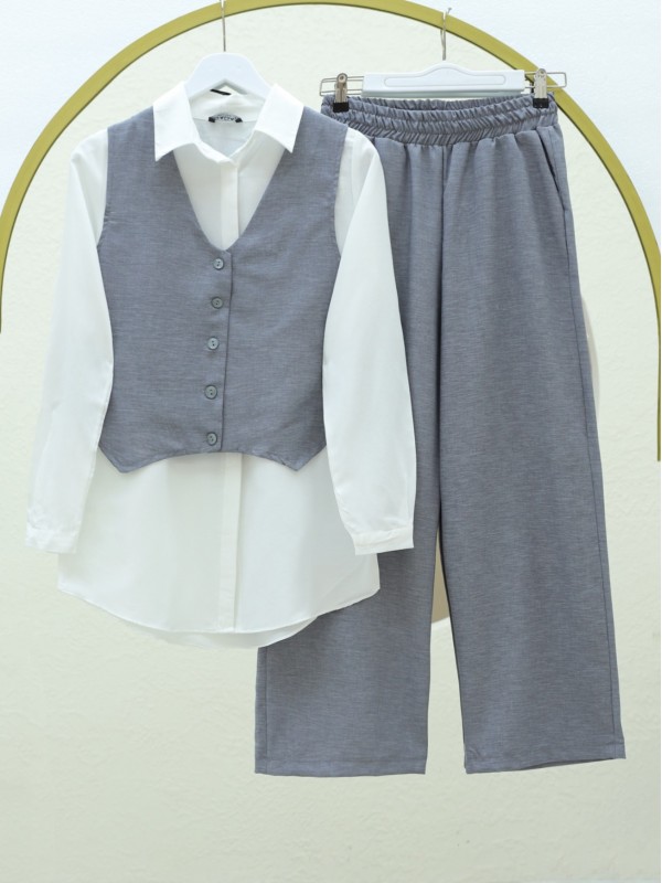 Düğmeli Yelekli Takım -Gri