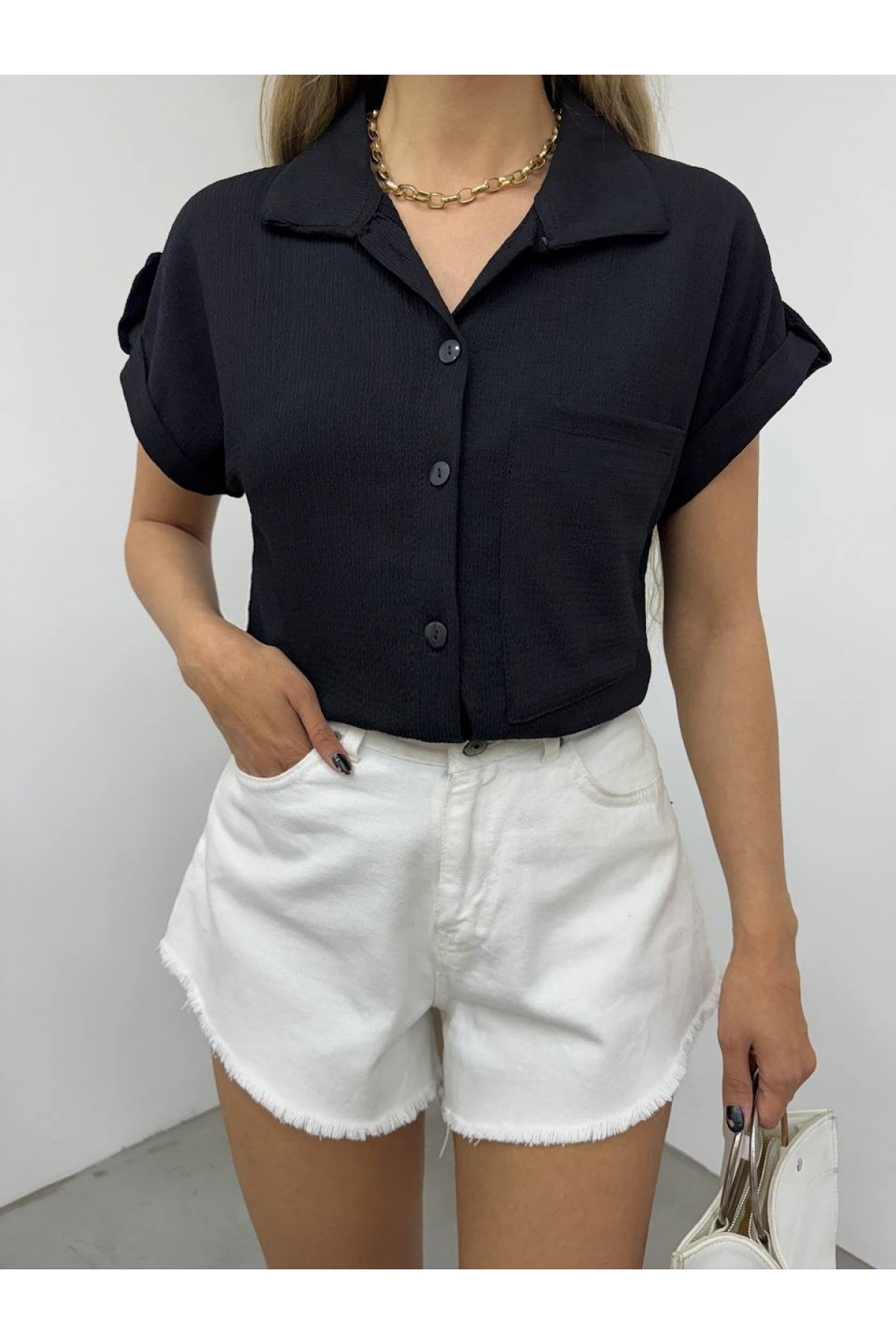 Duble Kol Tek Cepli Bürümcük Gömlek  -Siyah