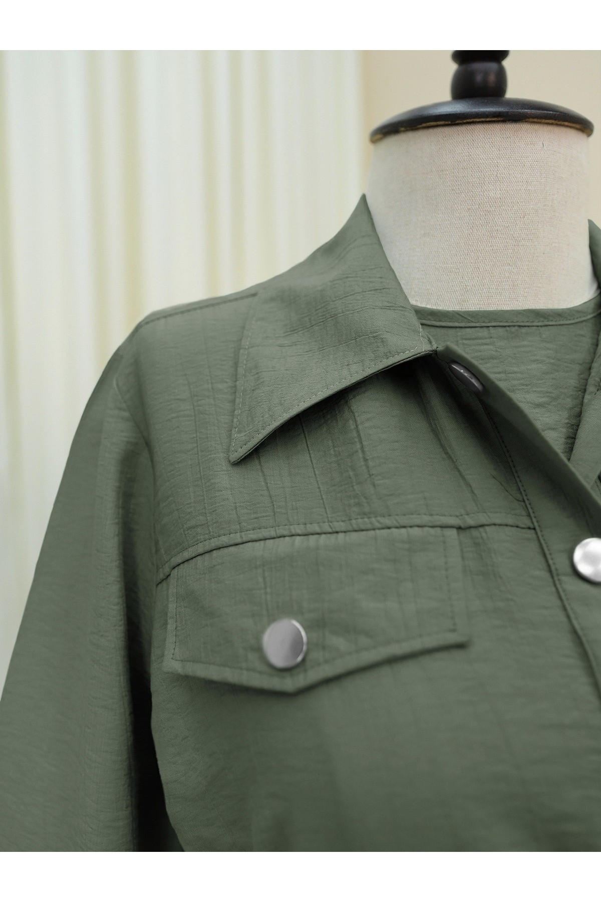 Metal Düğmeli Beli Bağlamalı Gömlek Jile Elbise -Haki